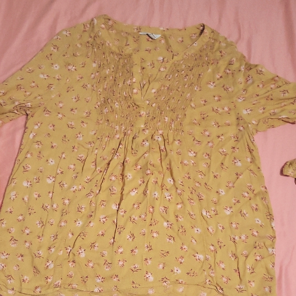 Lucky Brand Yellow Ruched 3/4 Sleeve Blouse